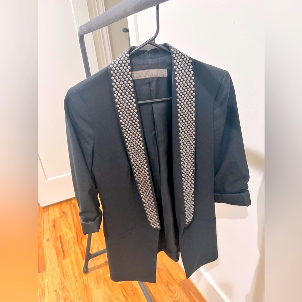 Zara black silver studded lapel boyfriend blazer size XS